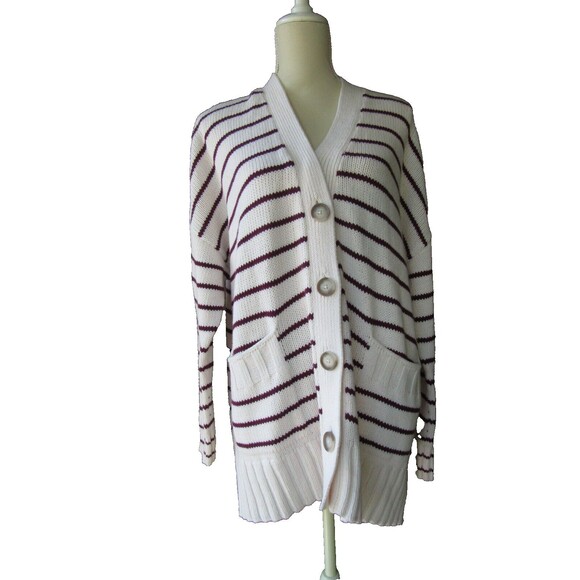 LOFT Cardigan Sweater XL Striped Pockets V-Neck Buttons Chunky 2021 Academia - Picture 2 of 14